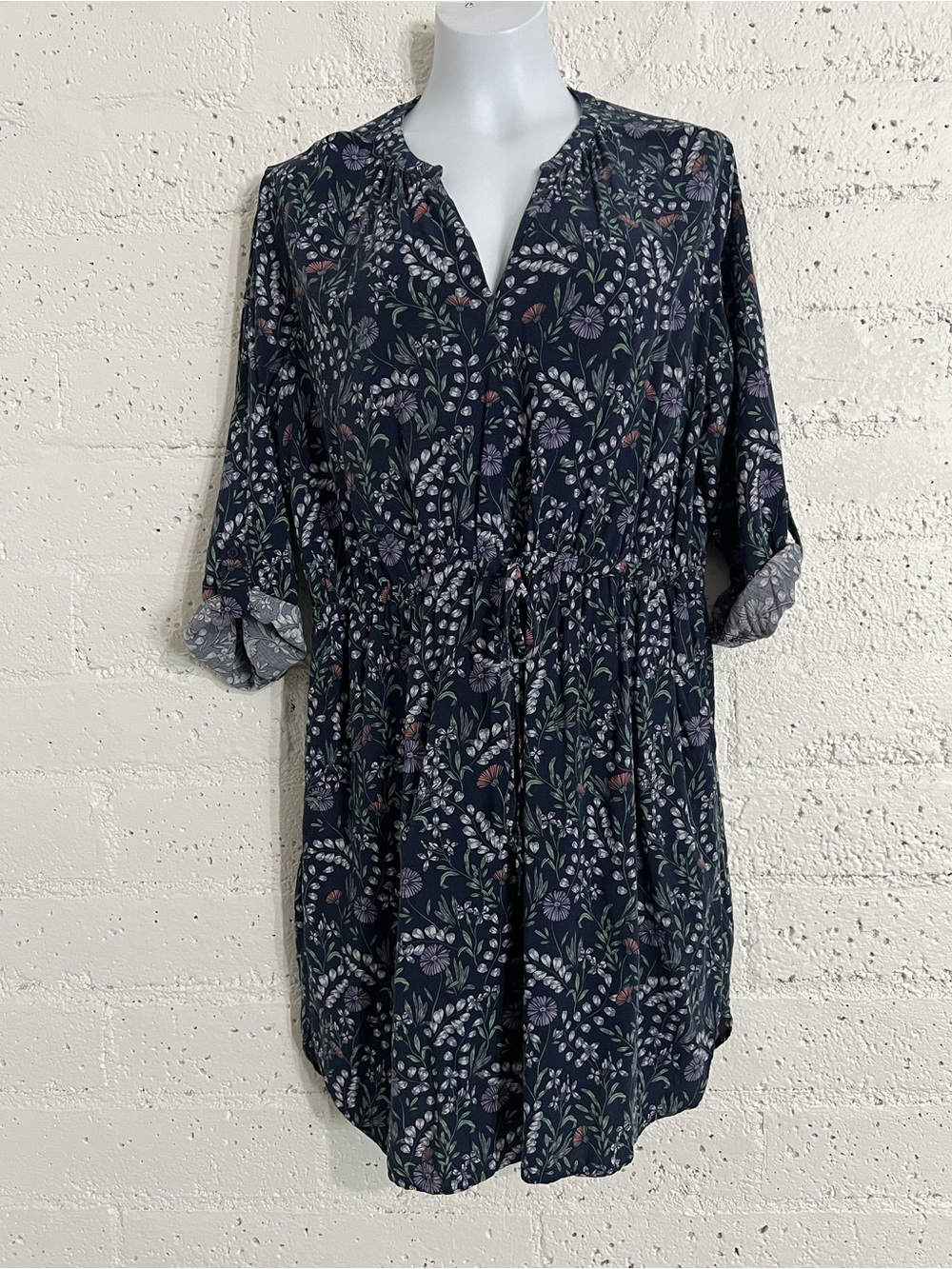 LOFT Womens Dress XL Blue Floral Tie Waist Tab Sleeve Rayon Split V Neck A10